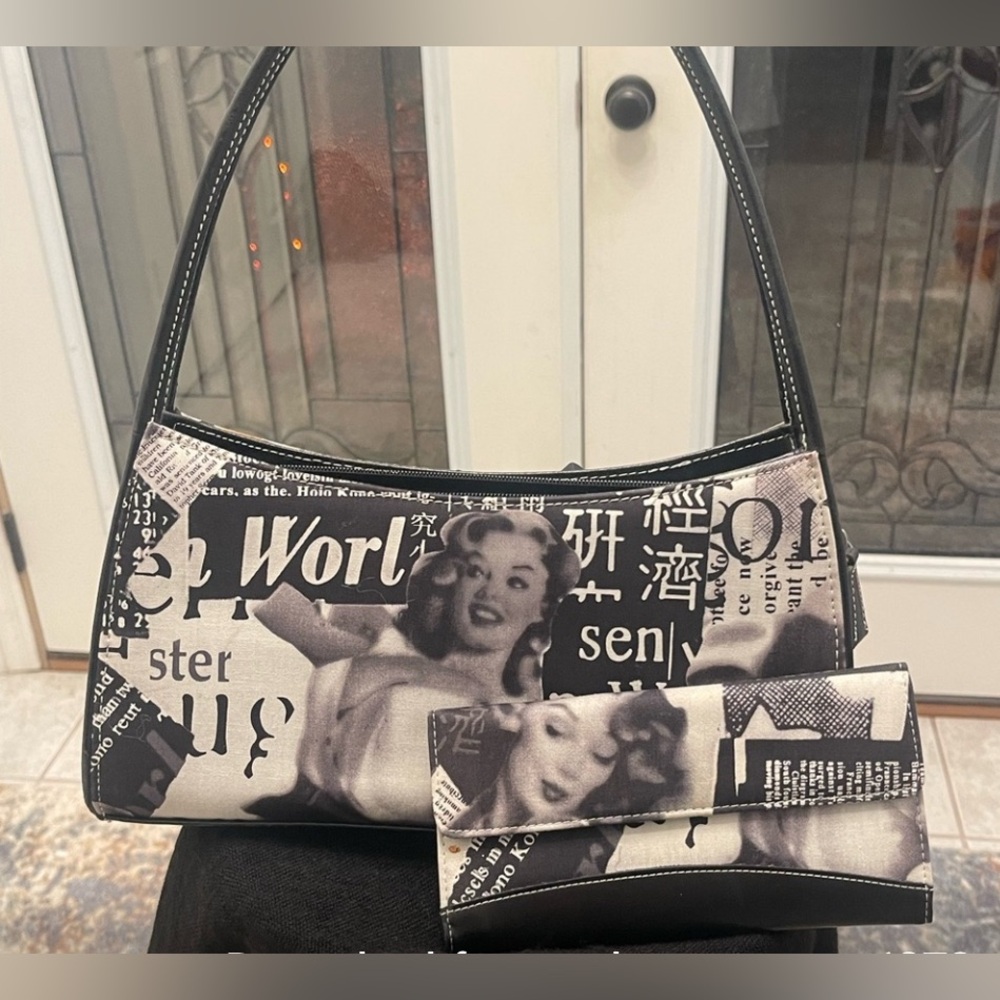 Vintage newsprint pin up style handbag and matching wallet set conversation piec